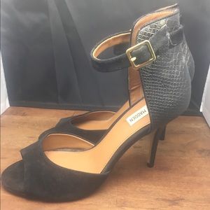 Black shade heels, ankle buckle, open toe